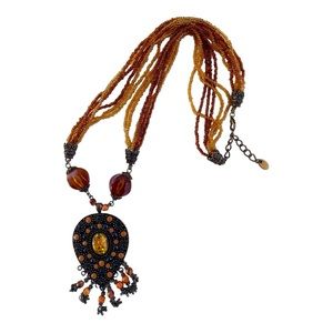 Amber Medallion Necklace with Long Beaded Earth Tone Strands 16”